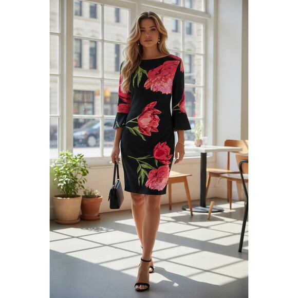 Anne Klein Dresses & Skirts - Anne Klein Black Floral Midi Dress Size M Bell Sleeve Statement Print